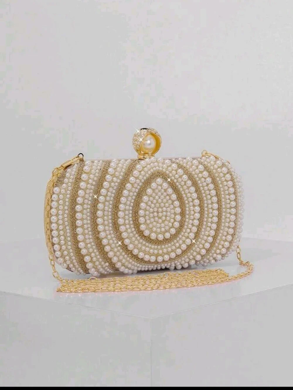 BRAND NEW ** Pearl-Embellished Gold Evening Clutch with Pearl Kiss-Lock